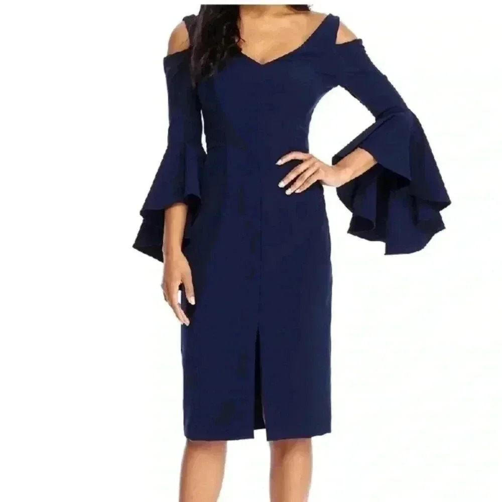 Maggy London Cold Shoulder Bell Sleeve Midi Dress Navy Blue V Neck Sheath Size 4